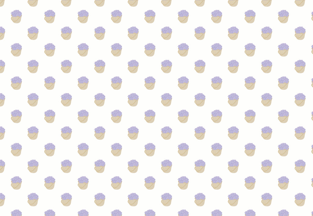 This is a design for gift wrap.  There are adorable hand designed lavender colored hydrangeas in a Nantucket basket scattered on a white background.