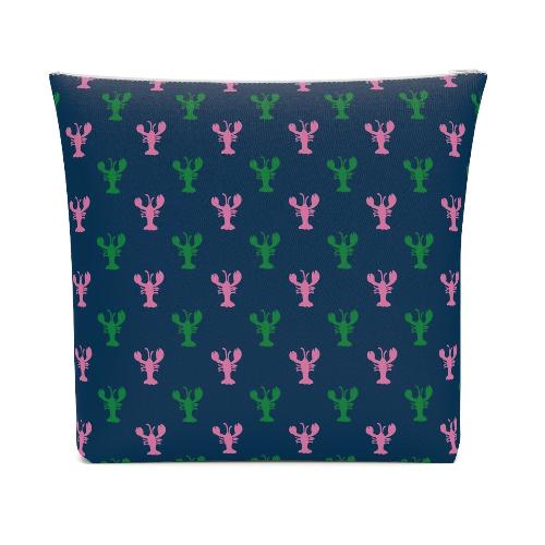 pink and green lobsters on navy background. travel cosmetic bag with white zipper.
