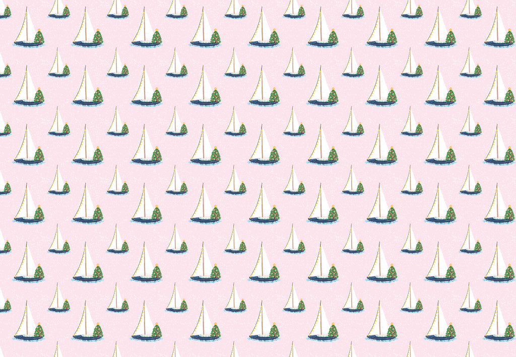 wrapping paper  of Sailboats with lights and christmas tree on it on a light pink background 