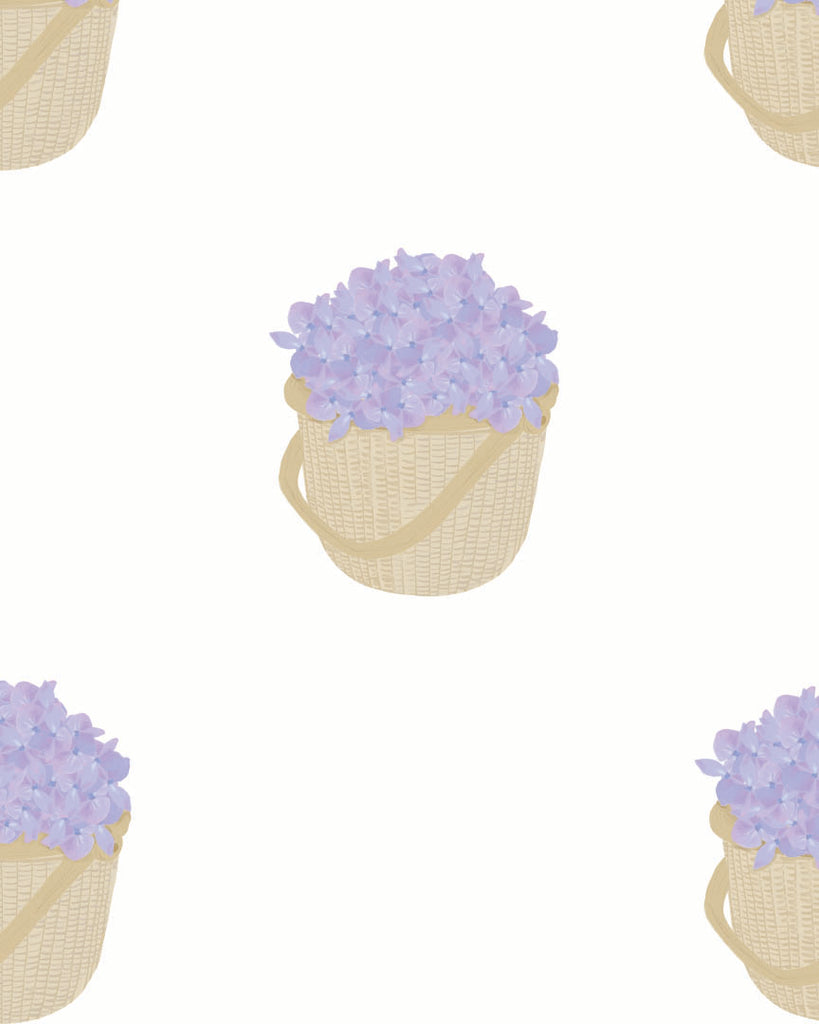 This is a design for gift wrap.  There are adorable hand designed lavender colored hydrangeas in a Nantucket basket scattered on a white background.