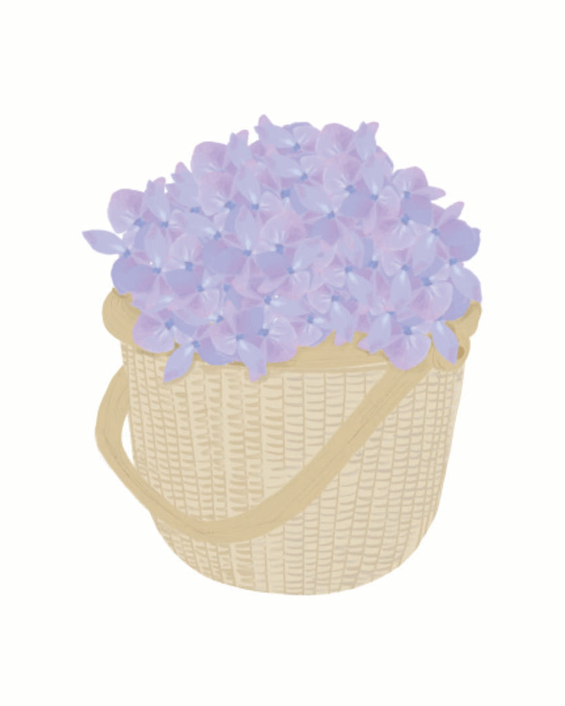 This is a design for gift wrap.  There are adorable hand designed lavender colored hydrangeas in a Nantucket basket scattered on a white background.