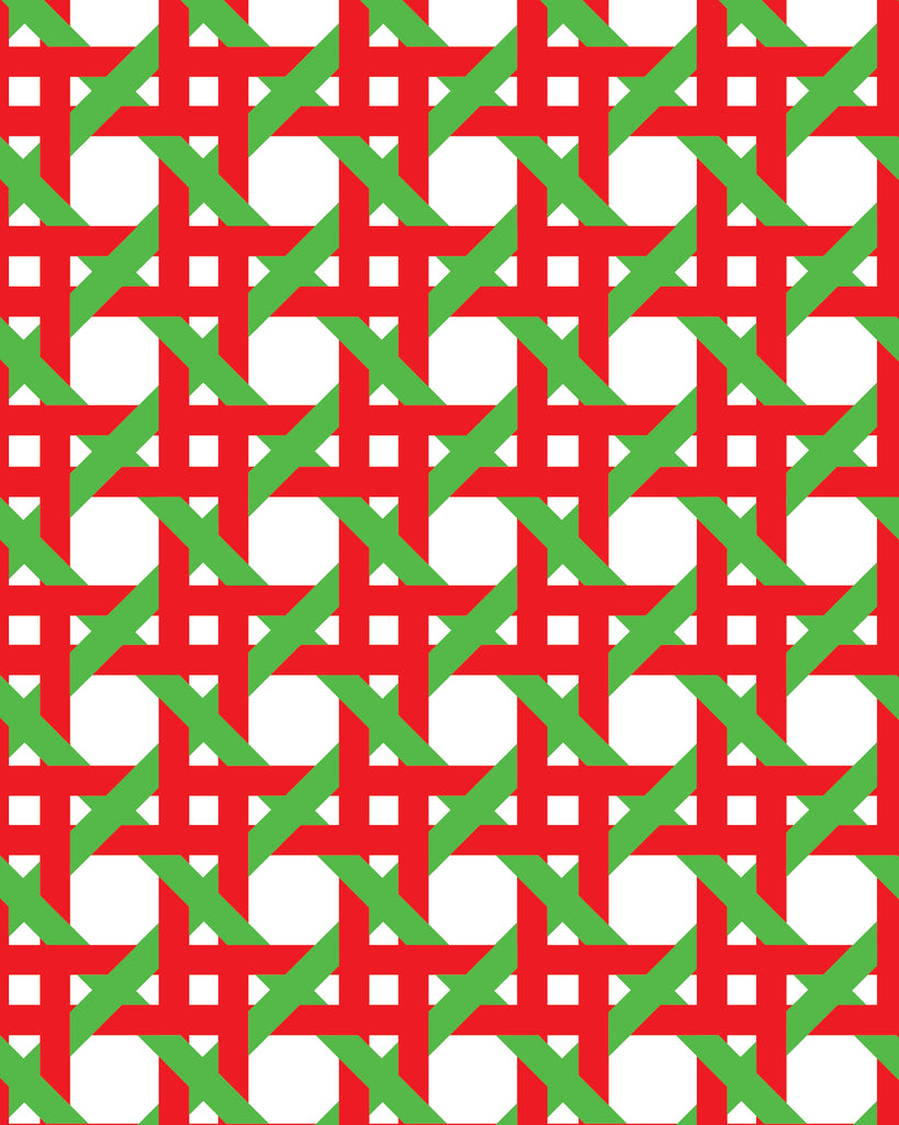 The gift wrap pattern is a hand designed caning pattern with intricate geometric designs in shades of red and green