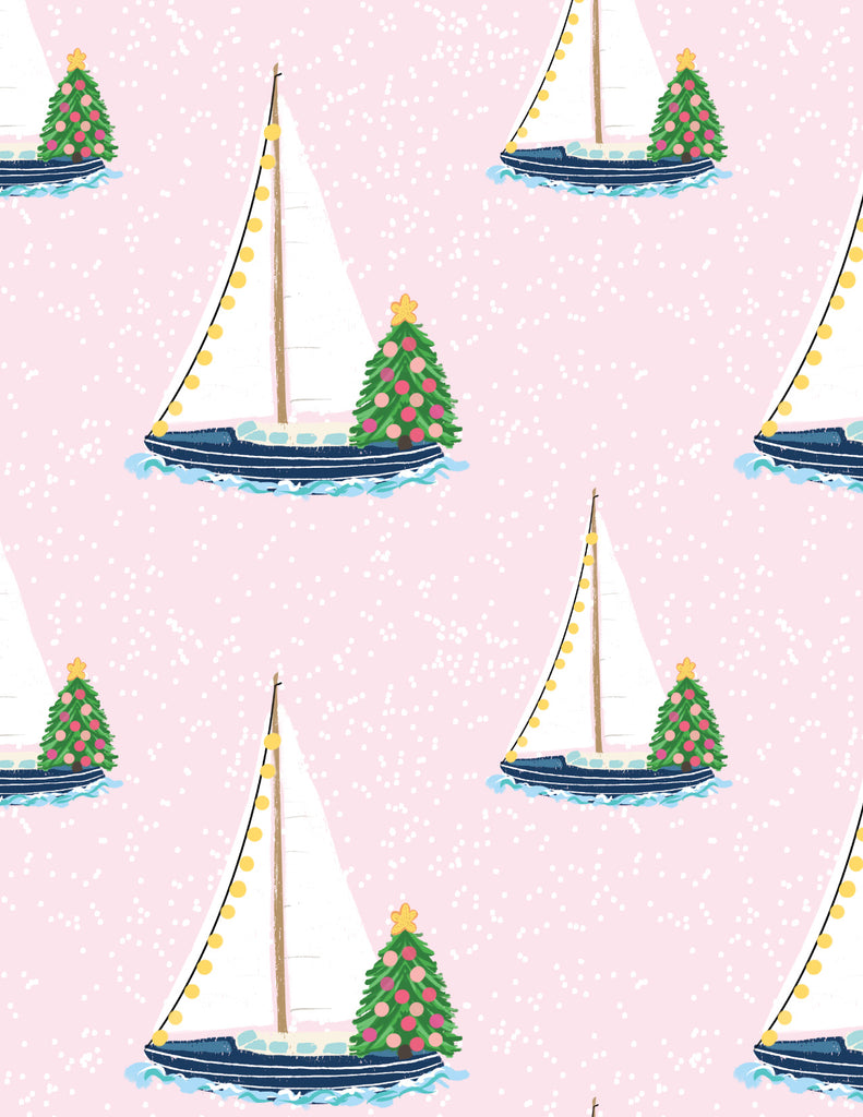 wrapping paper close up of Sailboats with lights and christmas tree on it on a light pink background 