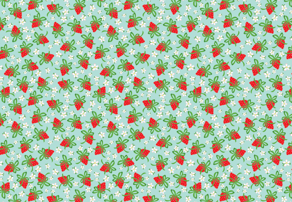 red strawberries with green bows as leaves with white flowers and a light blue background. Shows one full sheet of gift wrap.