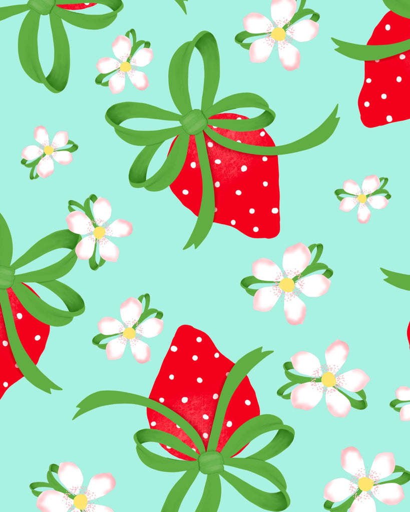 red strawberries with green bows as leaves with white flowers and a light blue background 12" x 15" close up.